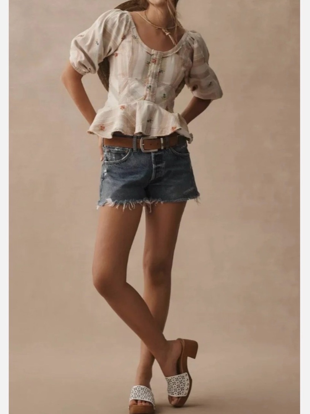 Pilcro /Anthropologie Cream Striped Puff-Sleeve Peplum Blouse